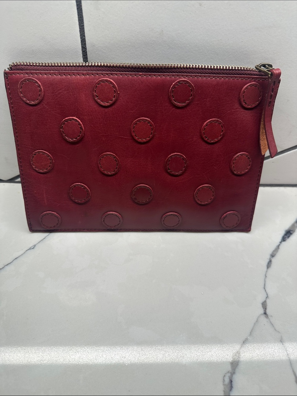 Madewell Burgundy Leather Zip Pouch with Raised Circle Detail